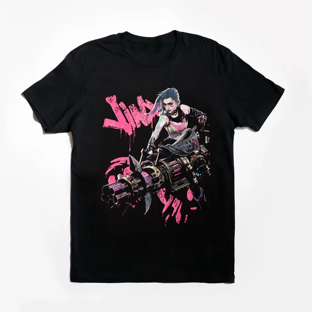 Camiseta Básica Unissex Arcane Jinx Metralhadora Preto