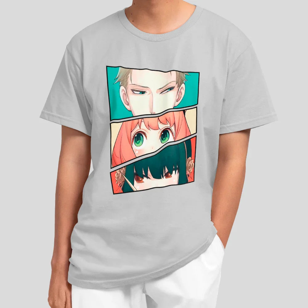 Camiseta Básica Unissex Spy x Family Anya Japonês anime Personagens Rostos- cinza