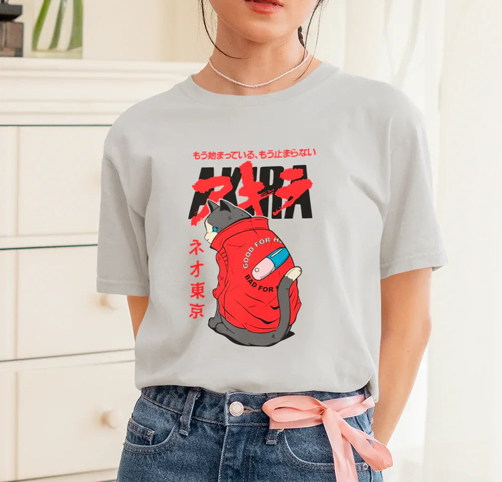 Camiseta Básica Unissex Akira Gato Kaneda Shotaro- cinza