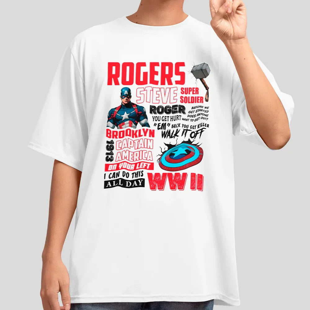 Camiseta Básica Unissex Capitão América Rogers Textos