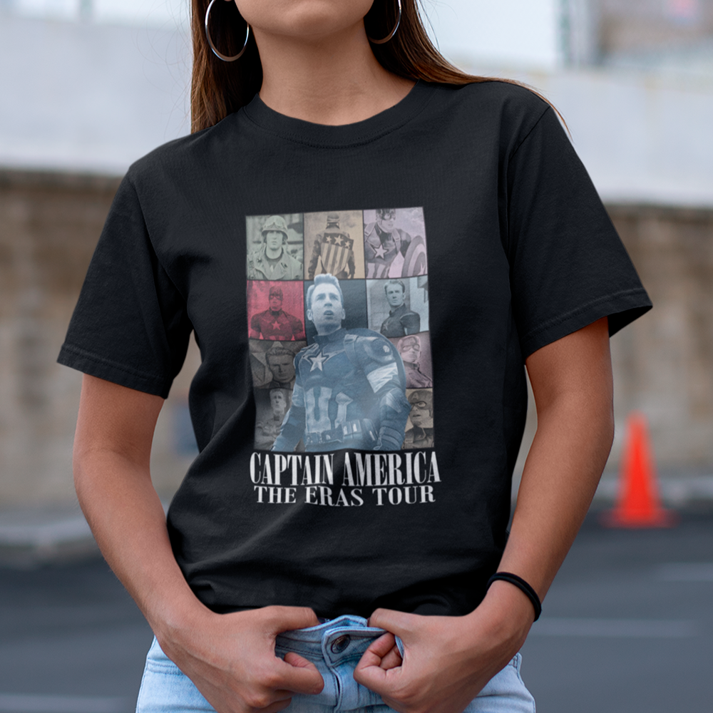 Camiseta Básica Unissex Capitão América The Eras Tour- preto