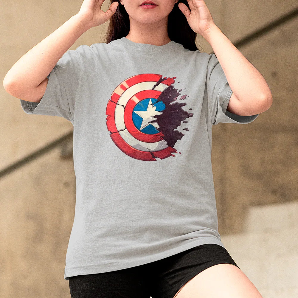 Camiseta Básica Unissex Capitão América Escudo Quebrado