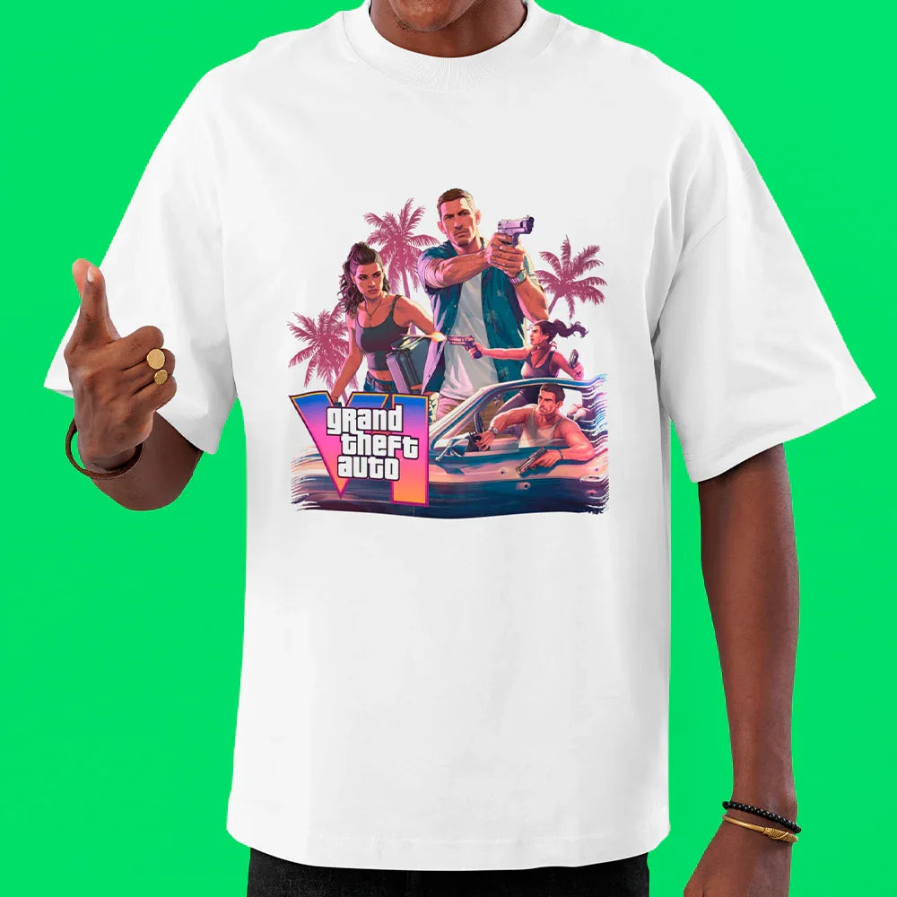 Camiseta Oversized GTA 6 Lucia e Jason Montagem