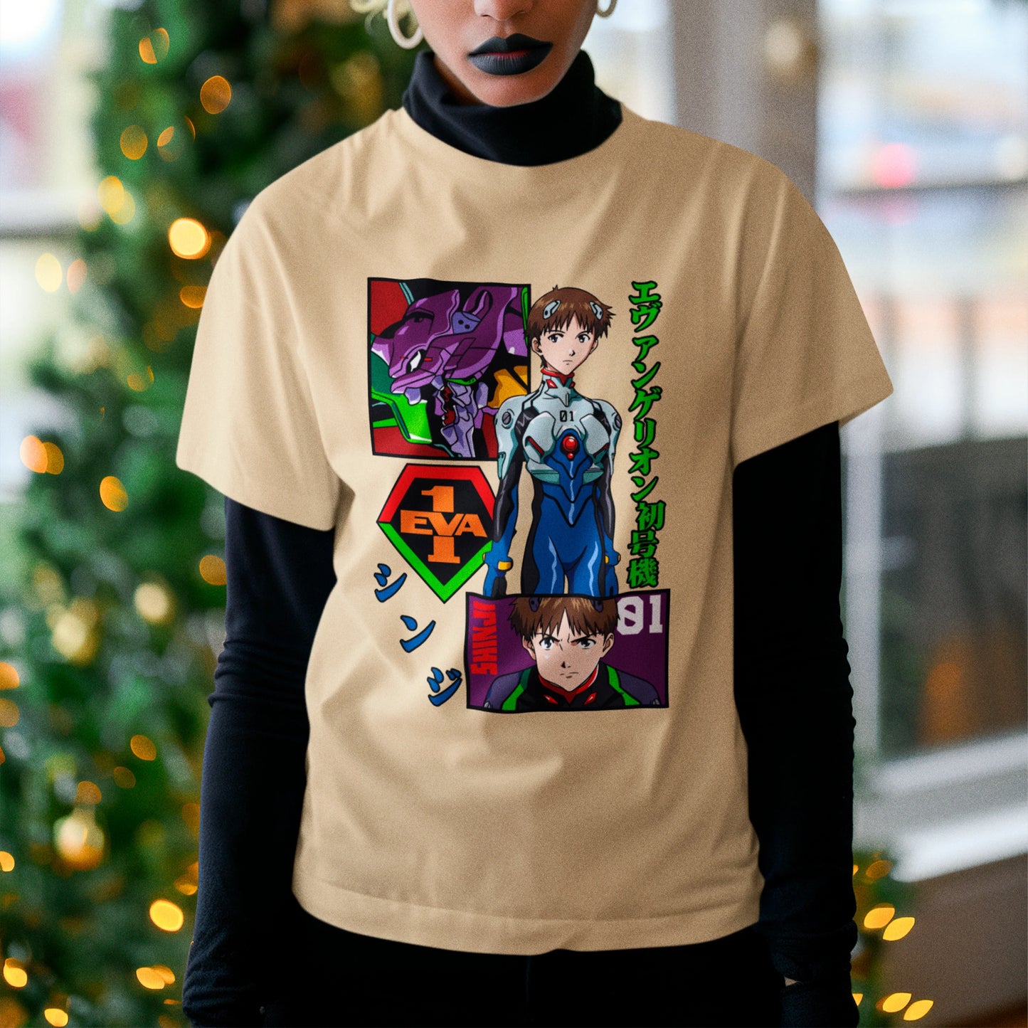 Camiseta Básica Unissex Shinji EVA01 Kanji Evangelion