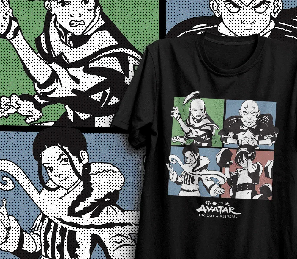 Camiseta Básica Unissex Avatar Aang Iroh Katara e Toph- preto