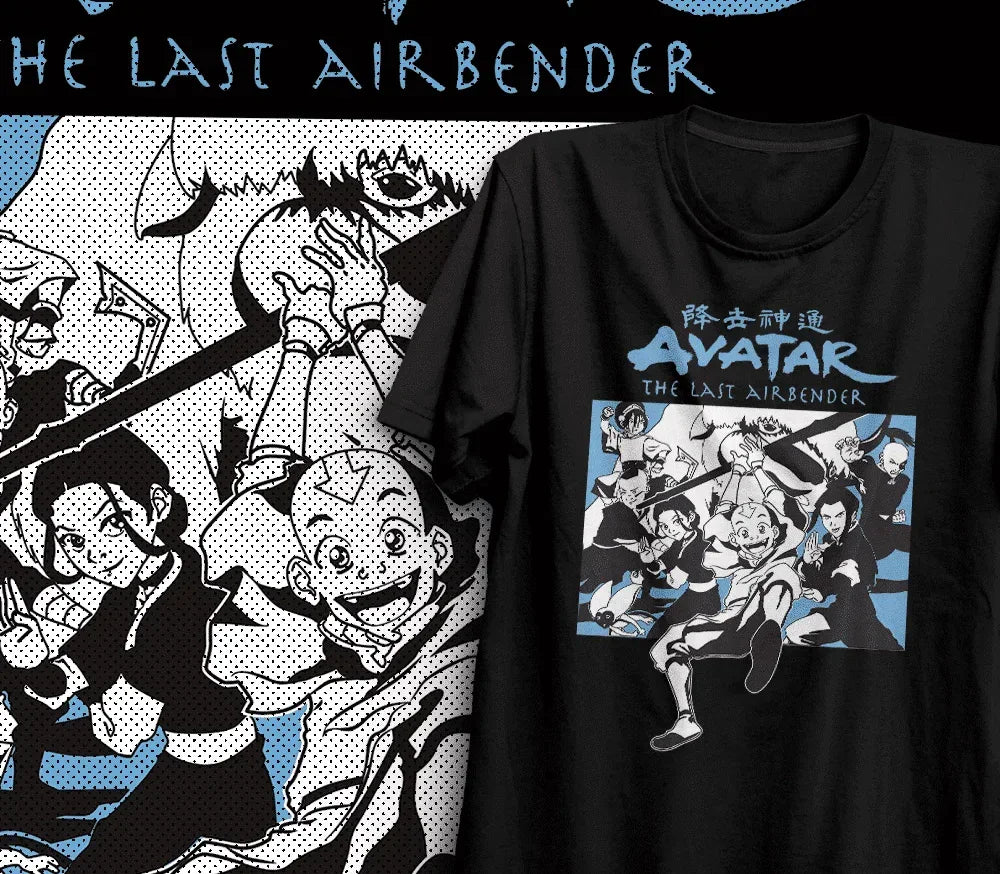 Camiseta Básica Unissex Avatar Personagens Turma Aang- preto