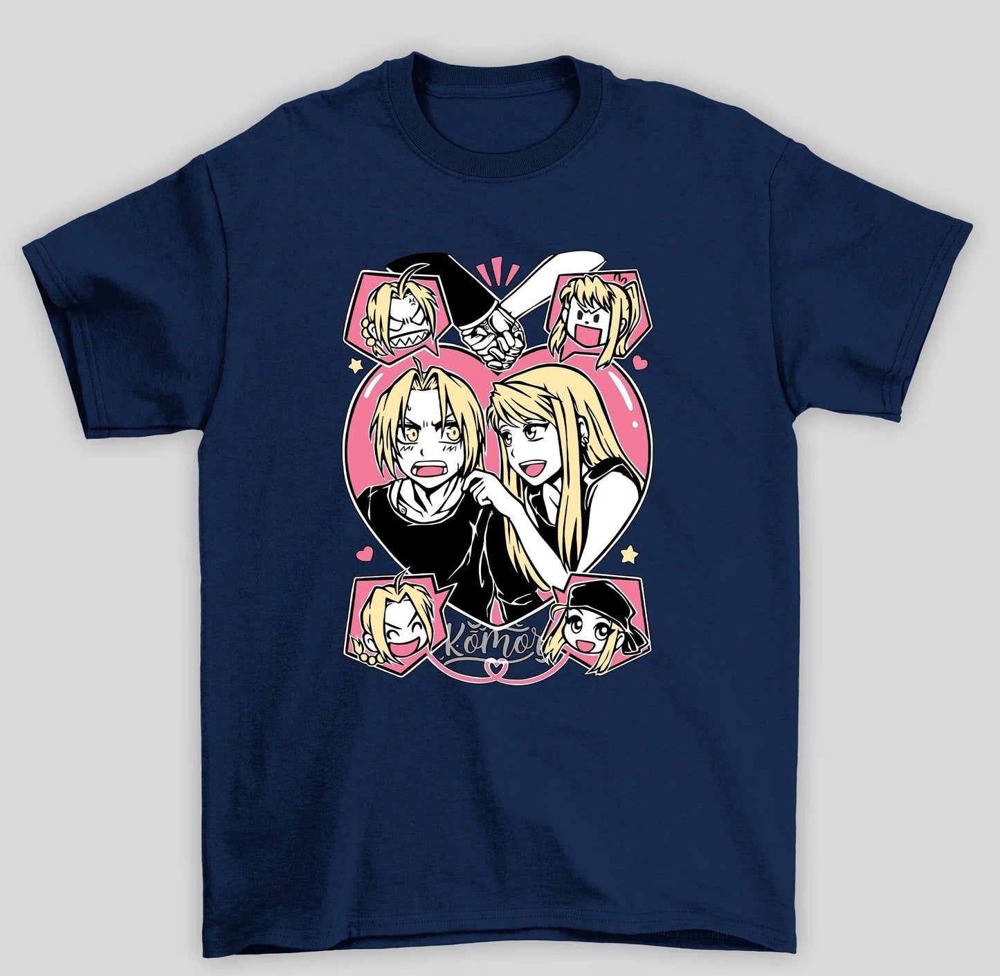 Camiseta Básica Unissex Fullmetal Alchemist Edward e Winry- AZUL-MARINHO