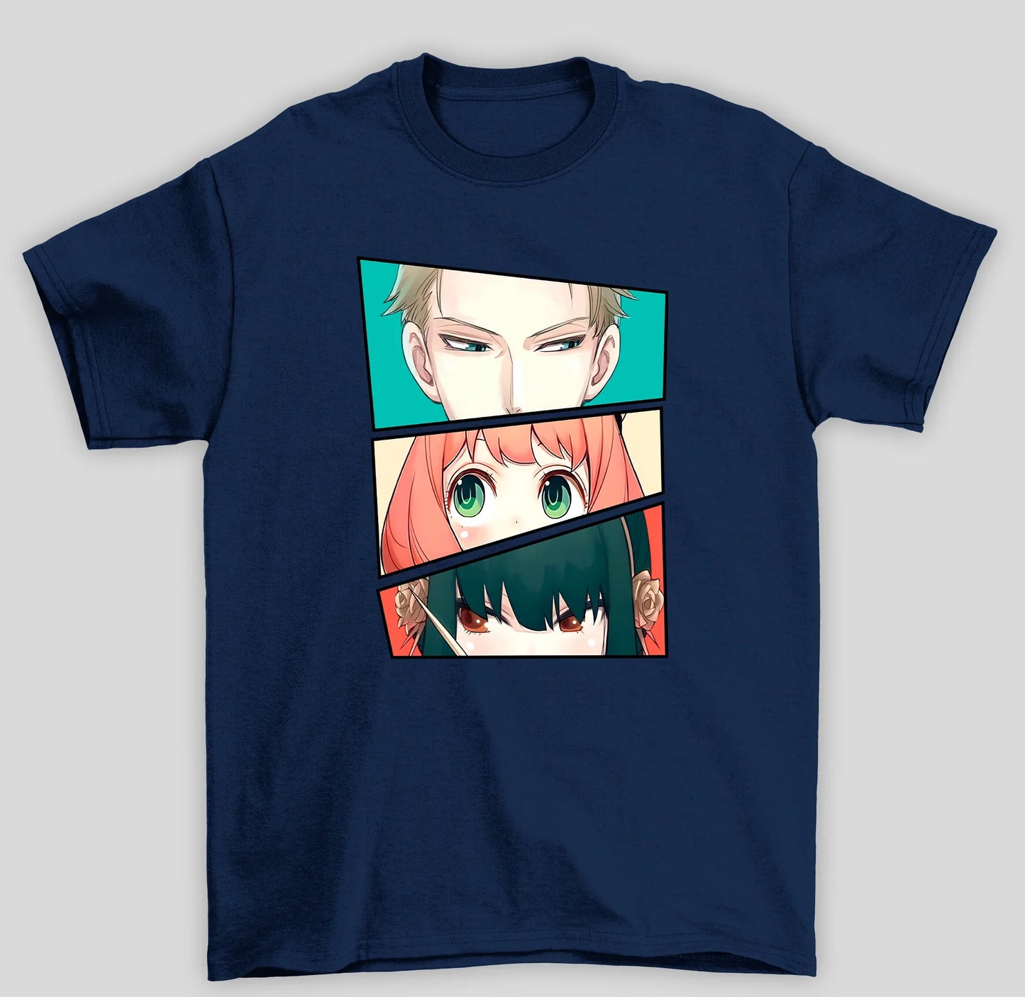 Camiseta Básica Unissex Spy x Family Anya Japonês anime Personagens Rostos- azul-marinho