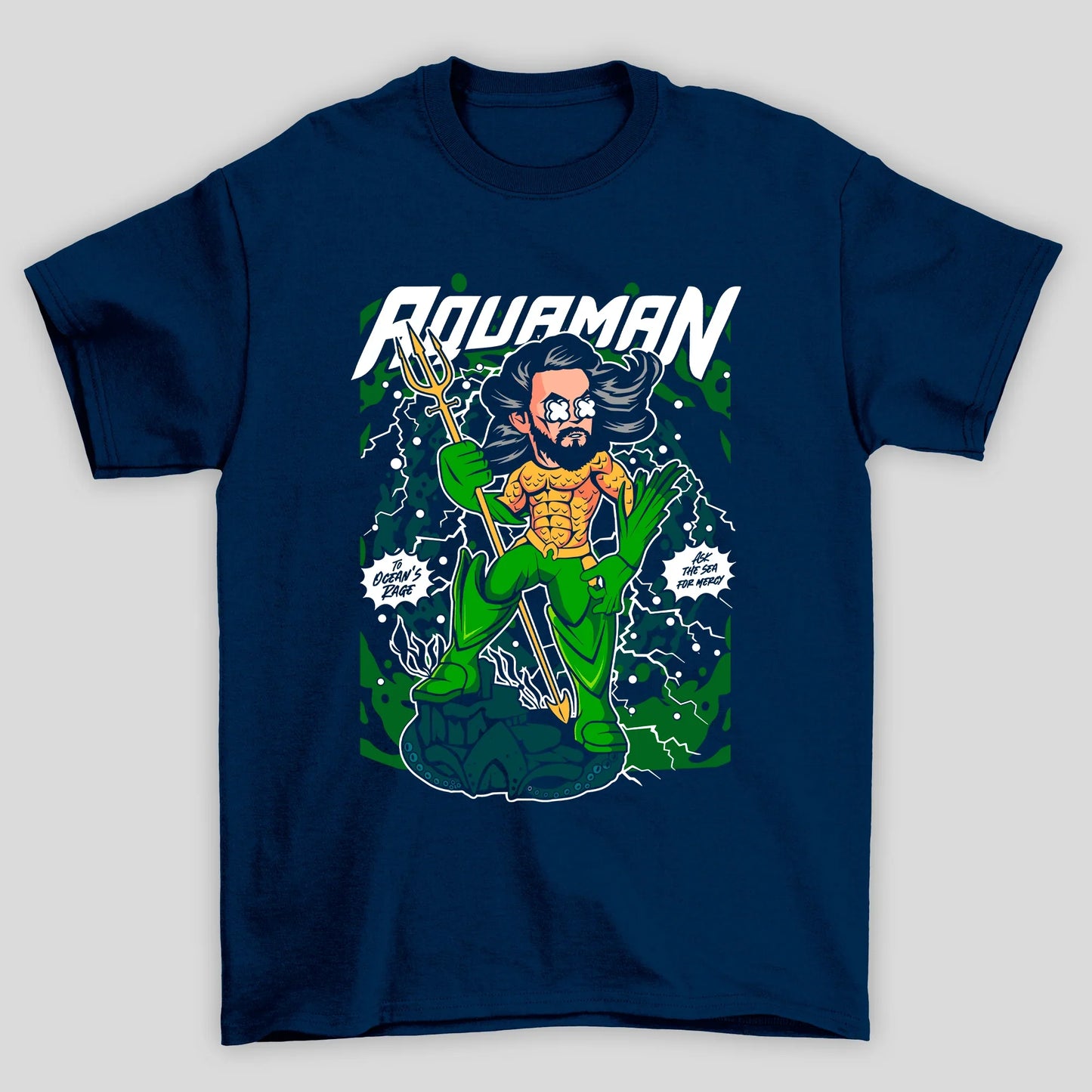 Camiseta Básica Unissex Aquaman Tridente Cartoon