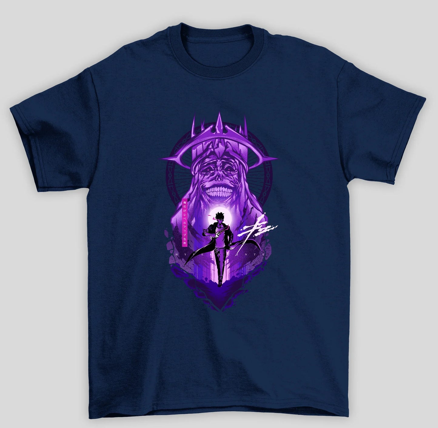 Camiseta Básica Unissex Solo Leveling Sung e Monstro Roxo Kanji