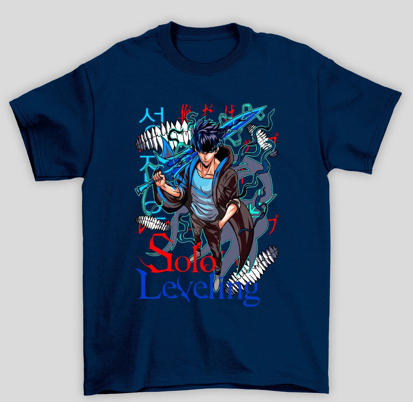 Camiseta Básica Unissex Solo Leveling Sung Espada Azul
