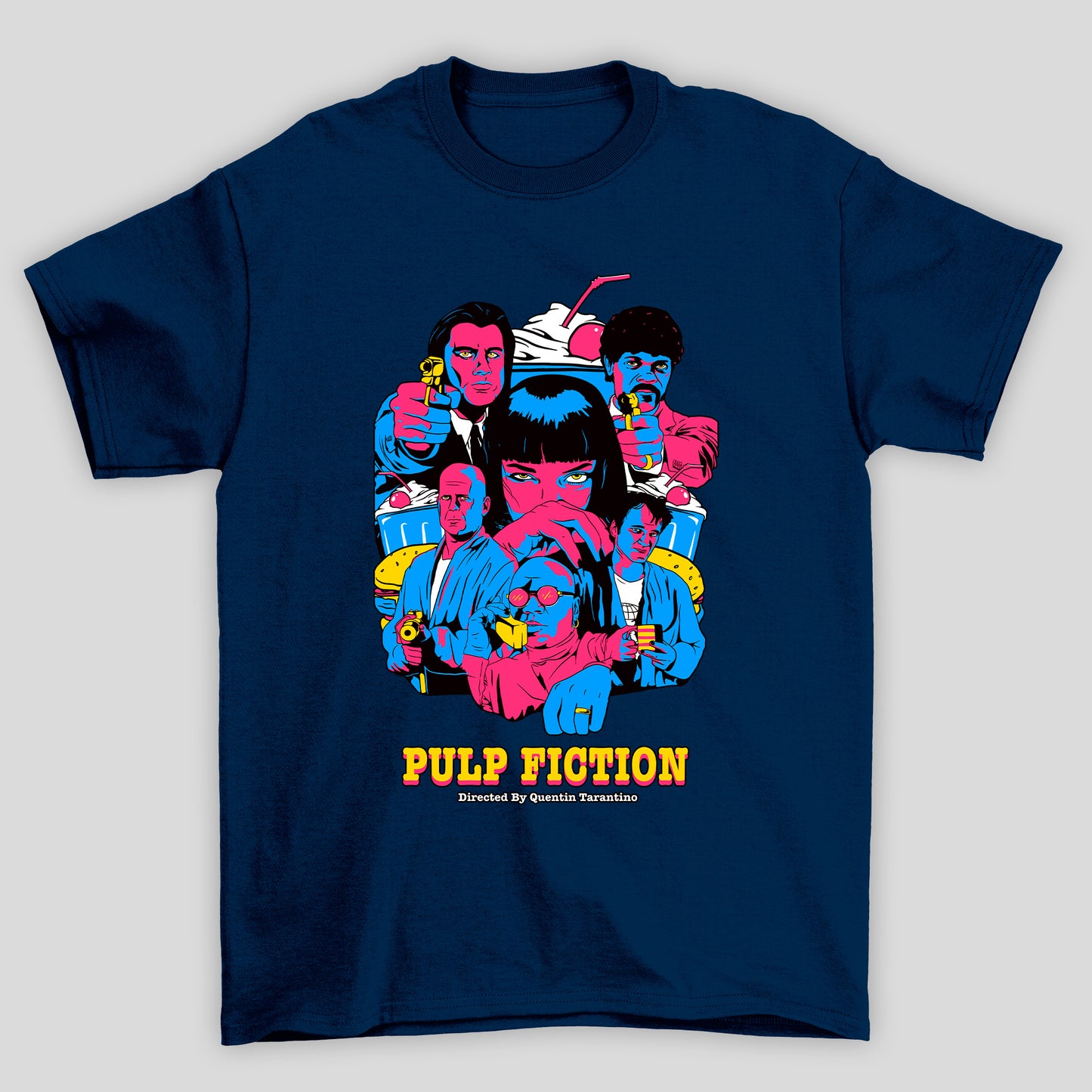 Camiseta Básica Unissex Arte Pop Azul Magenta Pulp Fiction