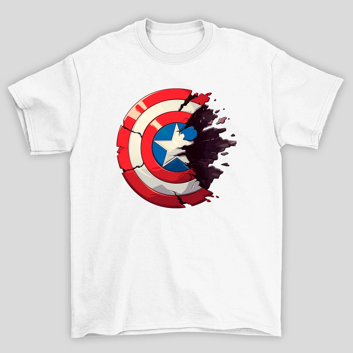 Camiseta Básica Unissex Capitão América Escudo Quebrado