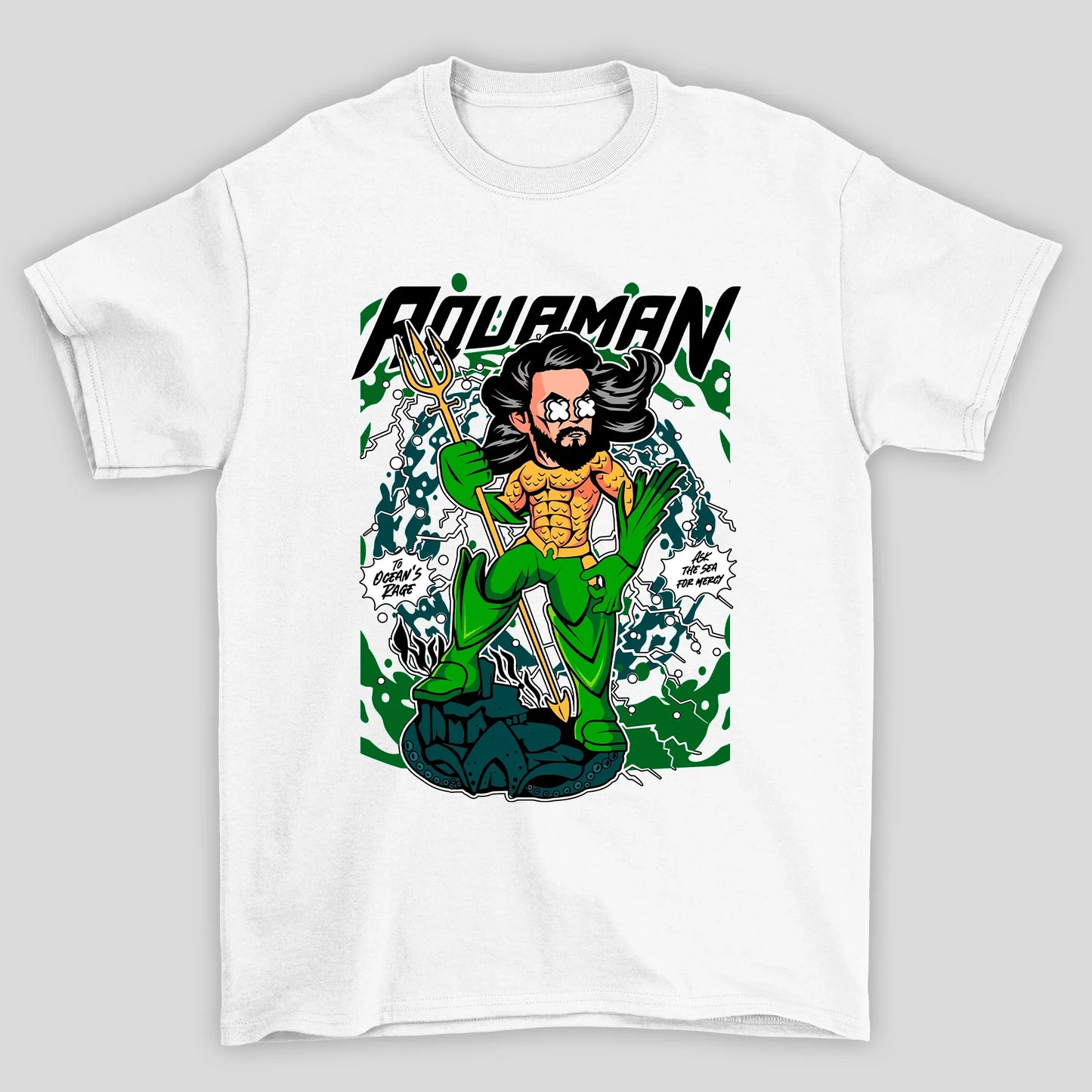 Camiseta Básica Unissex Aquaman Tridente Cartoon