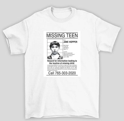 Camiseta Básica Unissex Stranger Things Cartaz Missing Teen
