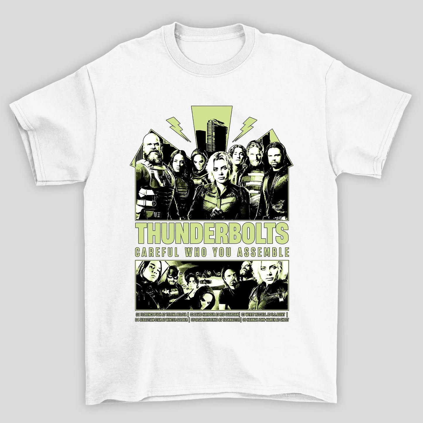 Camiseta Básica Unissex Thunderbolts Careful Who You Assemble
