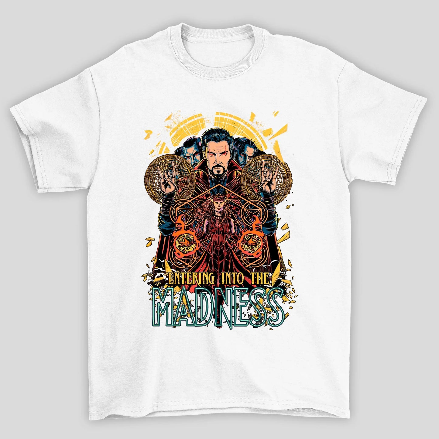 Camiseta Básica Unissex Dr Strange e Feitiçeira Escarlate Madness