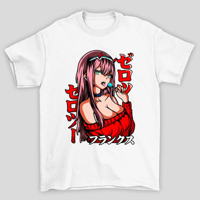 Camiseta Básica Unissex Zero Two Pirulito Kanji Darling In The Franxx