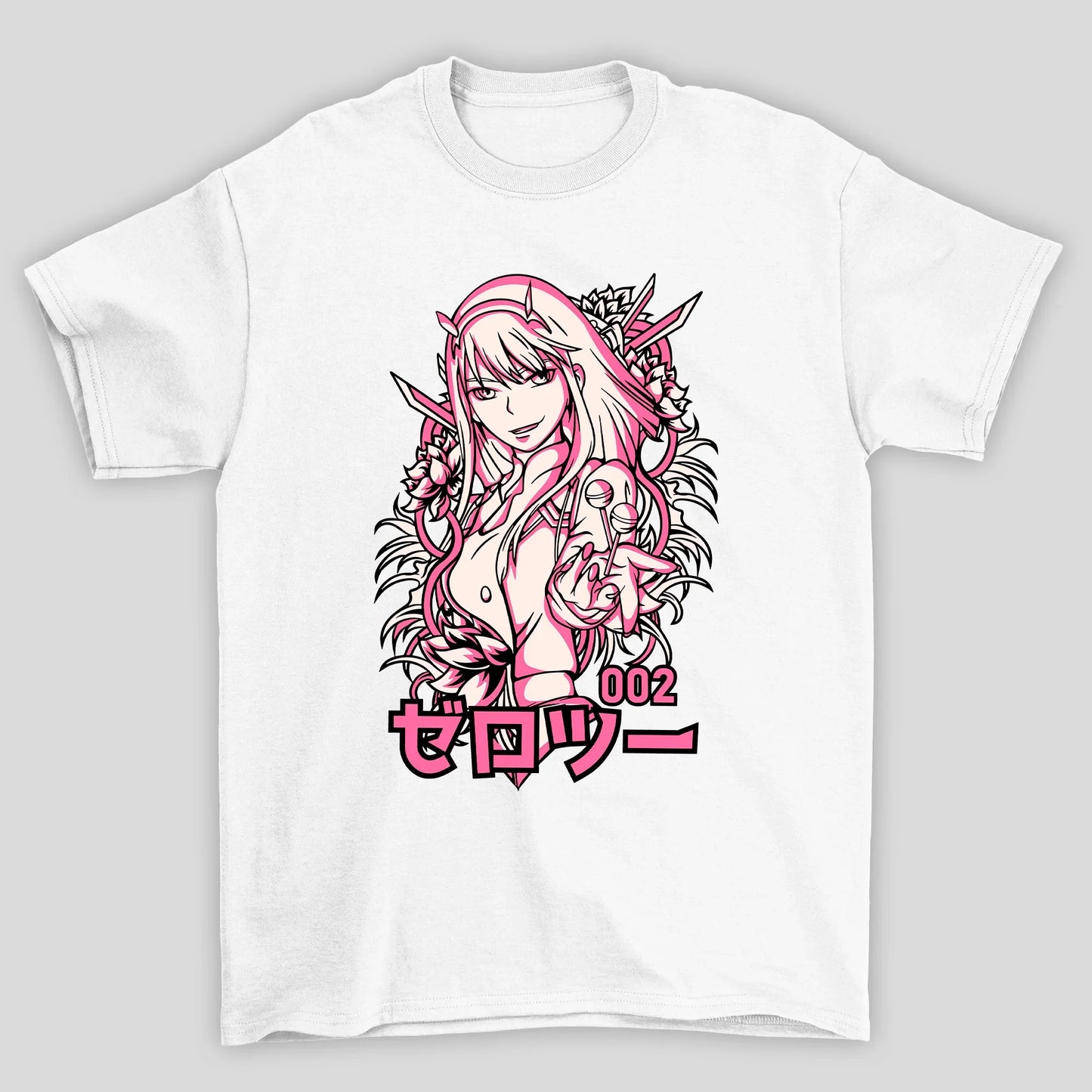 Camiseta Básica Unissex Zero Two Kanji Flores Darling In The Franxx
