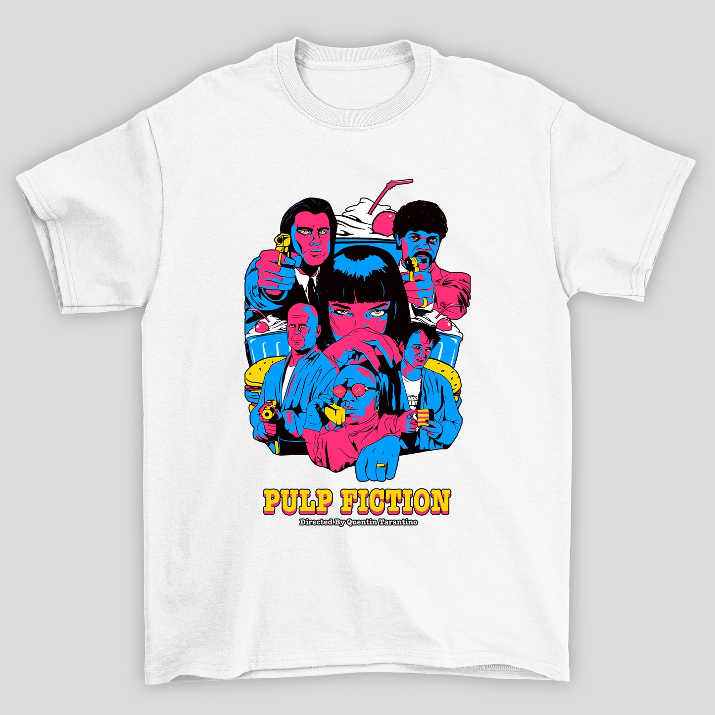 Camiseta Básica Unissex Arte Pop Azul Magenta Pulp Fiction