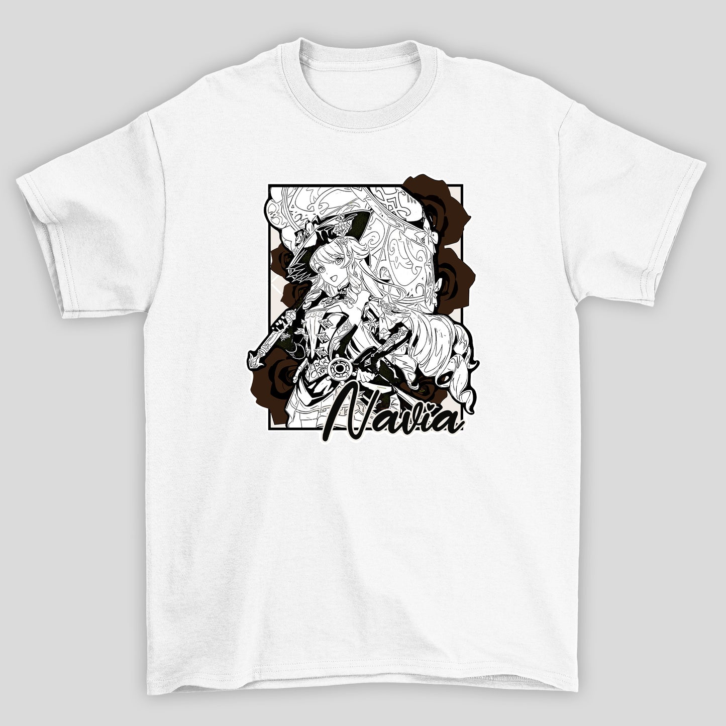 Camiseta Básica Unissex Navia Rosas Guarda Chuva Genshin