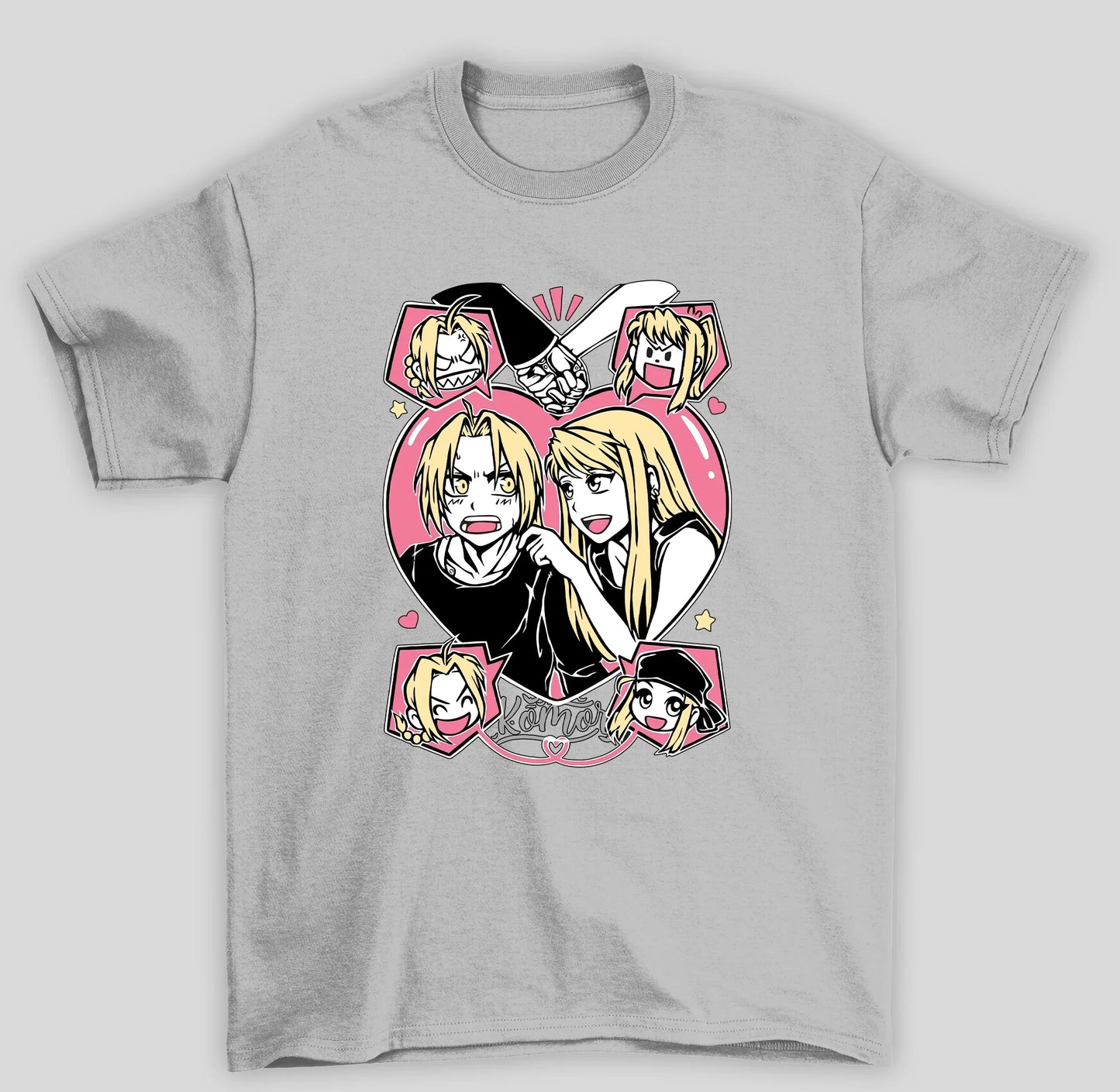 Camiseta Básica Unissex Fullmetal Alchemist Edward e Winry- CINZA