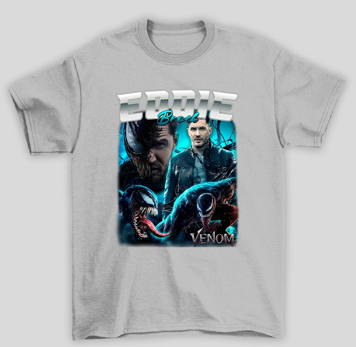 Camiseta Básica Unissex Venom Eddie Brock Montagem- cinza