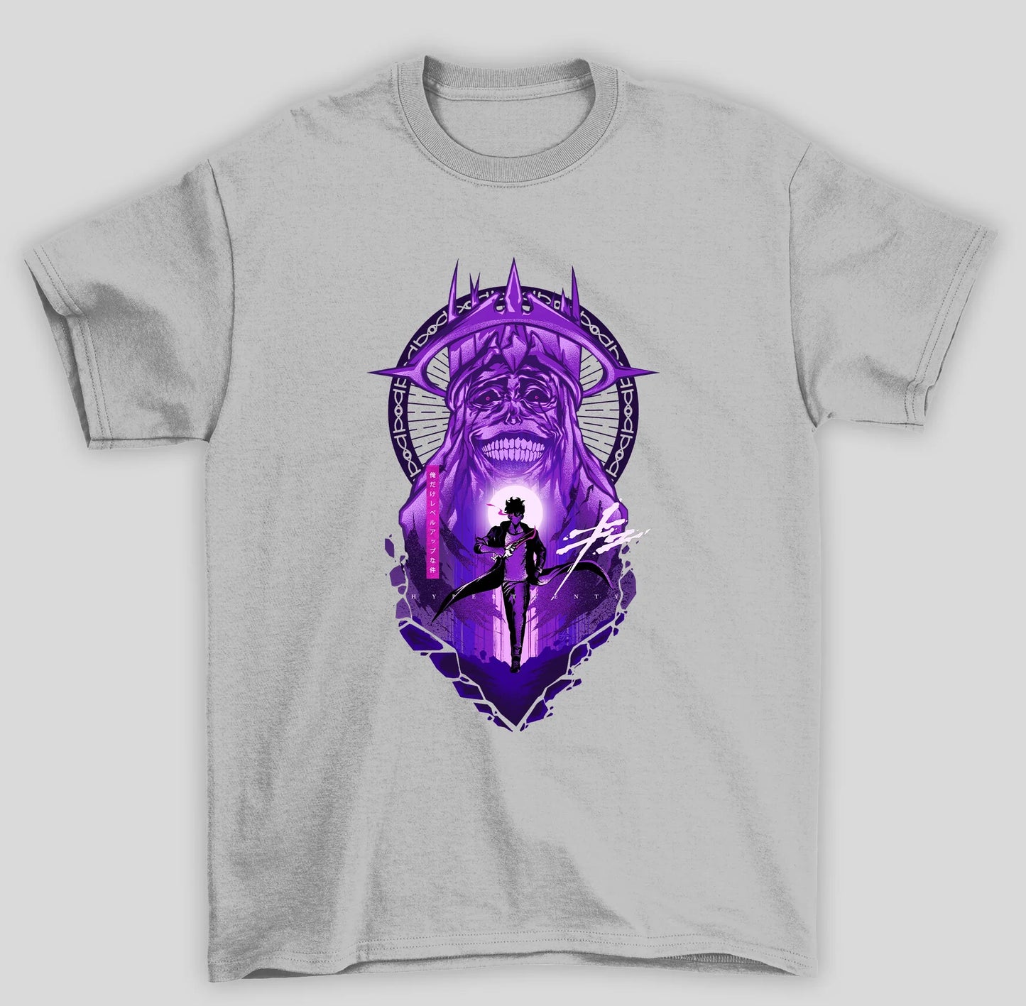Camiseta Básica Unissex Solo Leveling Sung e Monstro Roxo Kanji