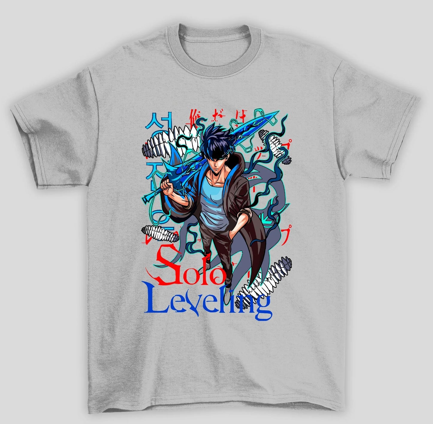 Camiseta Básica Unissex Solo Leveling Sung Espada Azul