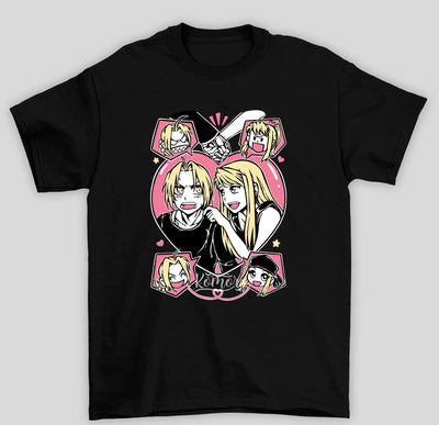 Camiseta Básica Unissex Fullmetal Alchemist Edward e Winry- PRETO