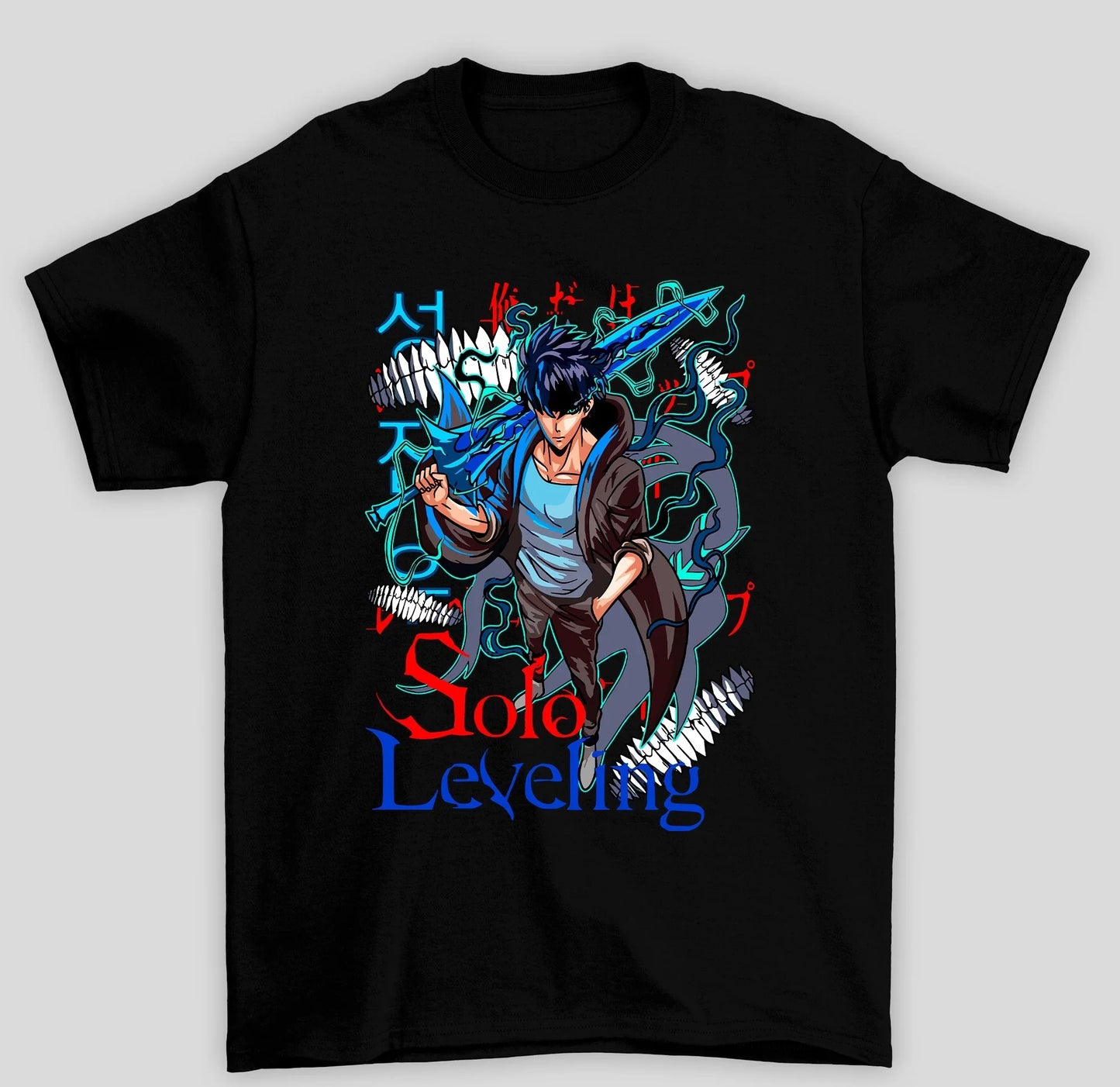 Camiseta Básica Unissex Solo Leveling Sung Espada Azul