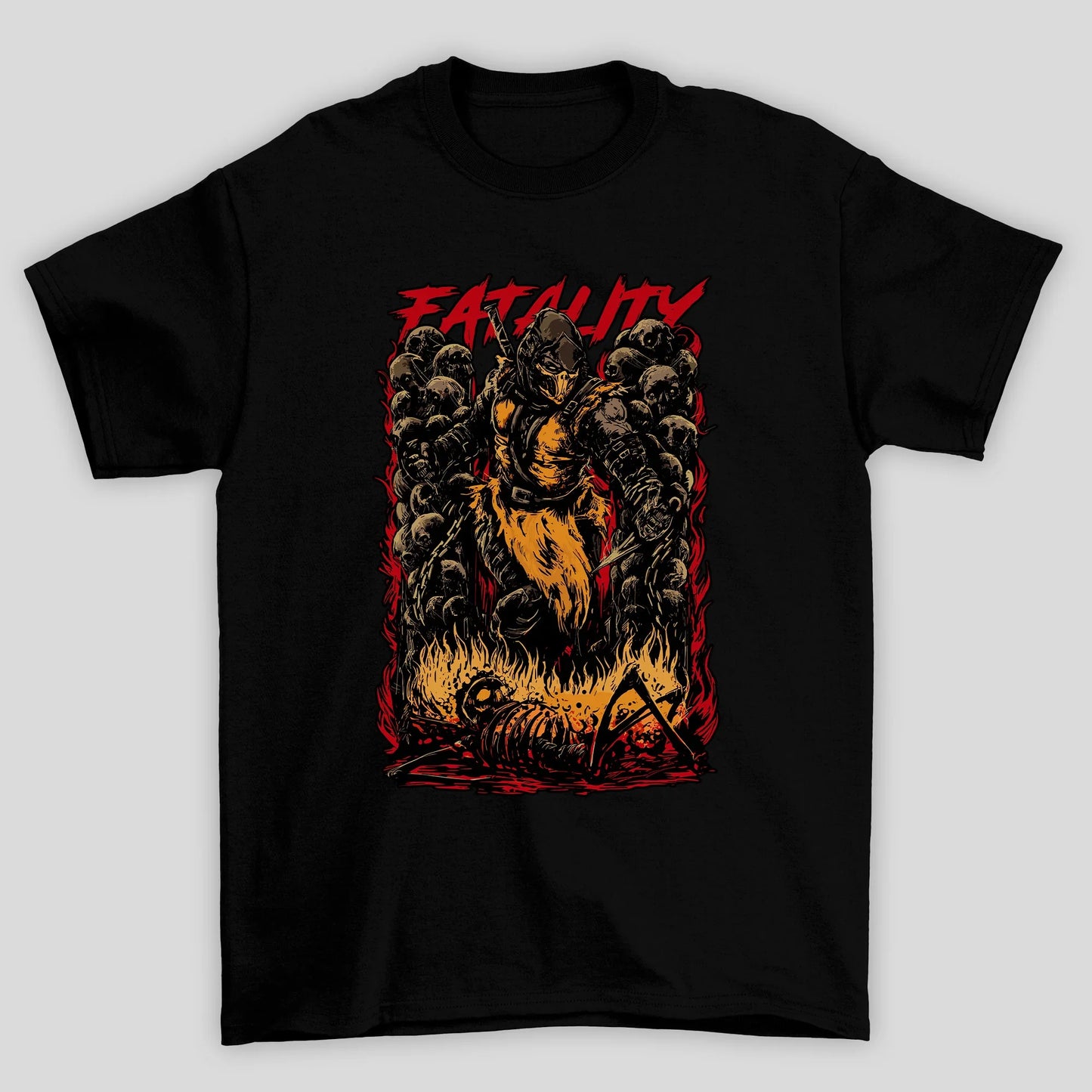 Camiseta Básica Unissex Mortal Kombat Scorpion Fatality