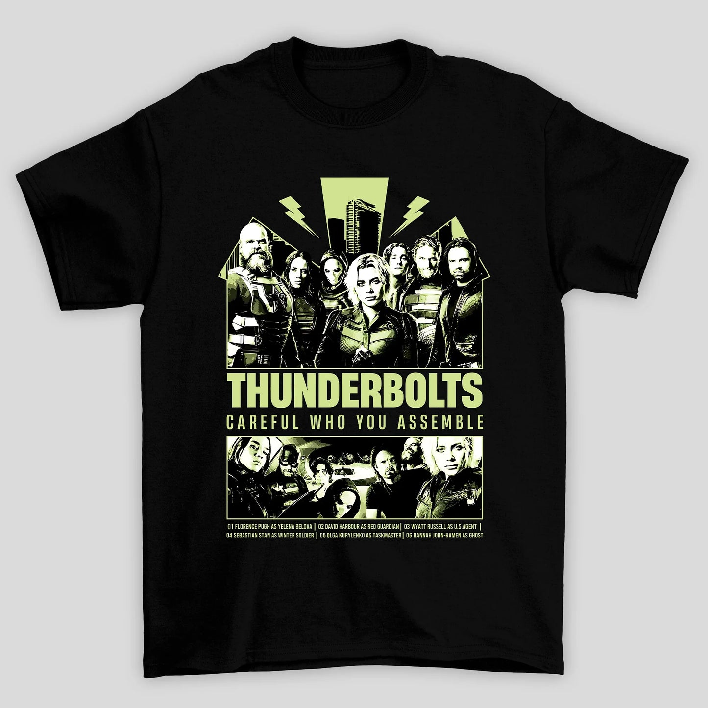 Camiseta Básica Unissex Thunderbolts Careful Who You Assemble