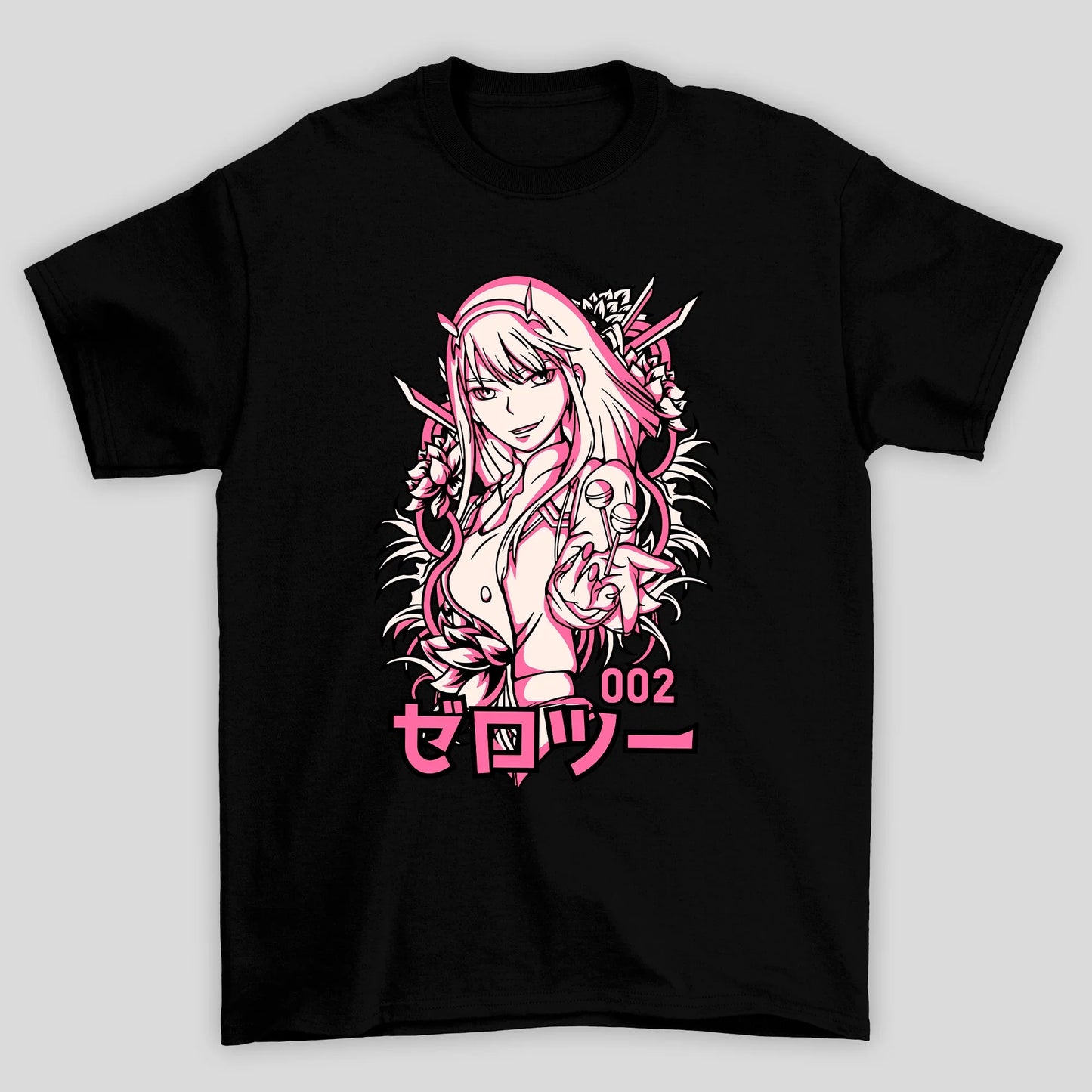 Camiseta Básica Unissex Zero Two Kanji Flores Darling In The Franxx