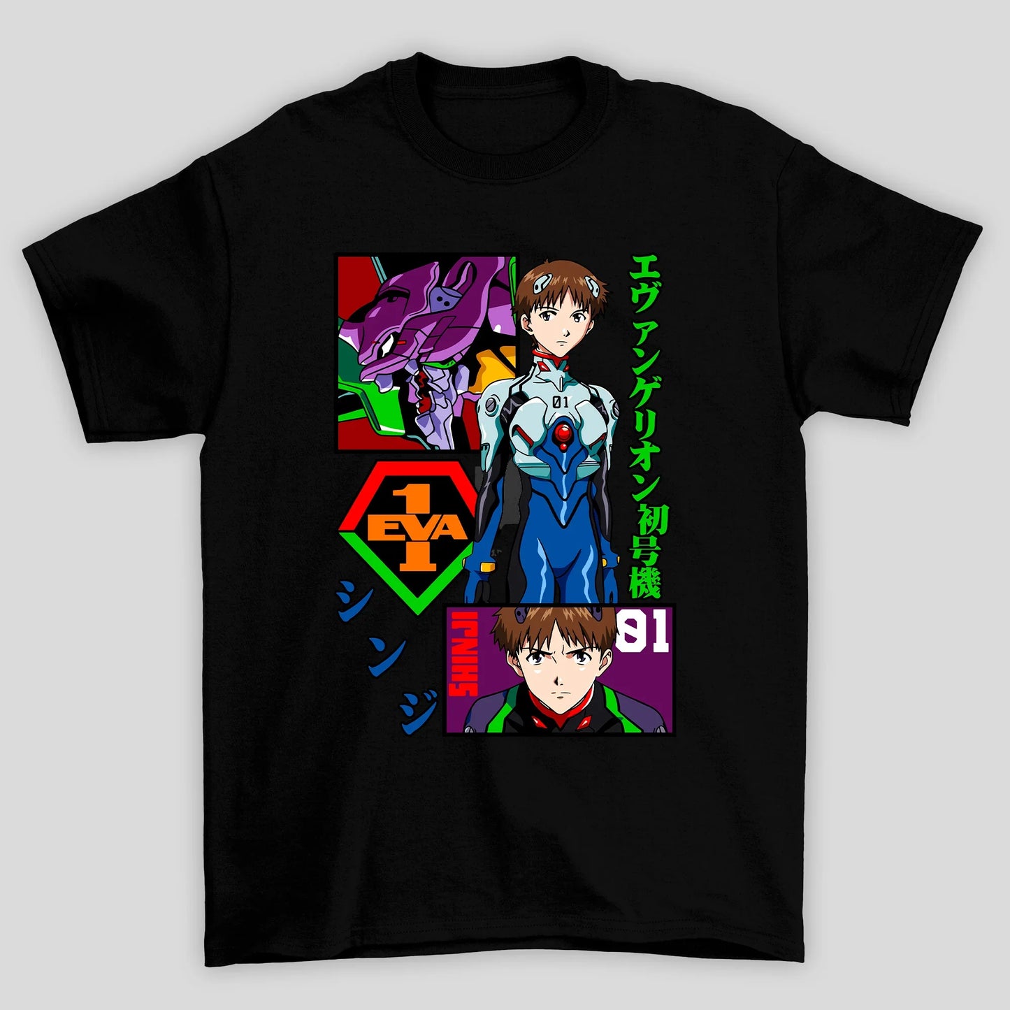 Camiseta Básica Unissex Shinji EVA01 Kanji Evangelion