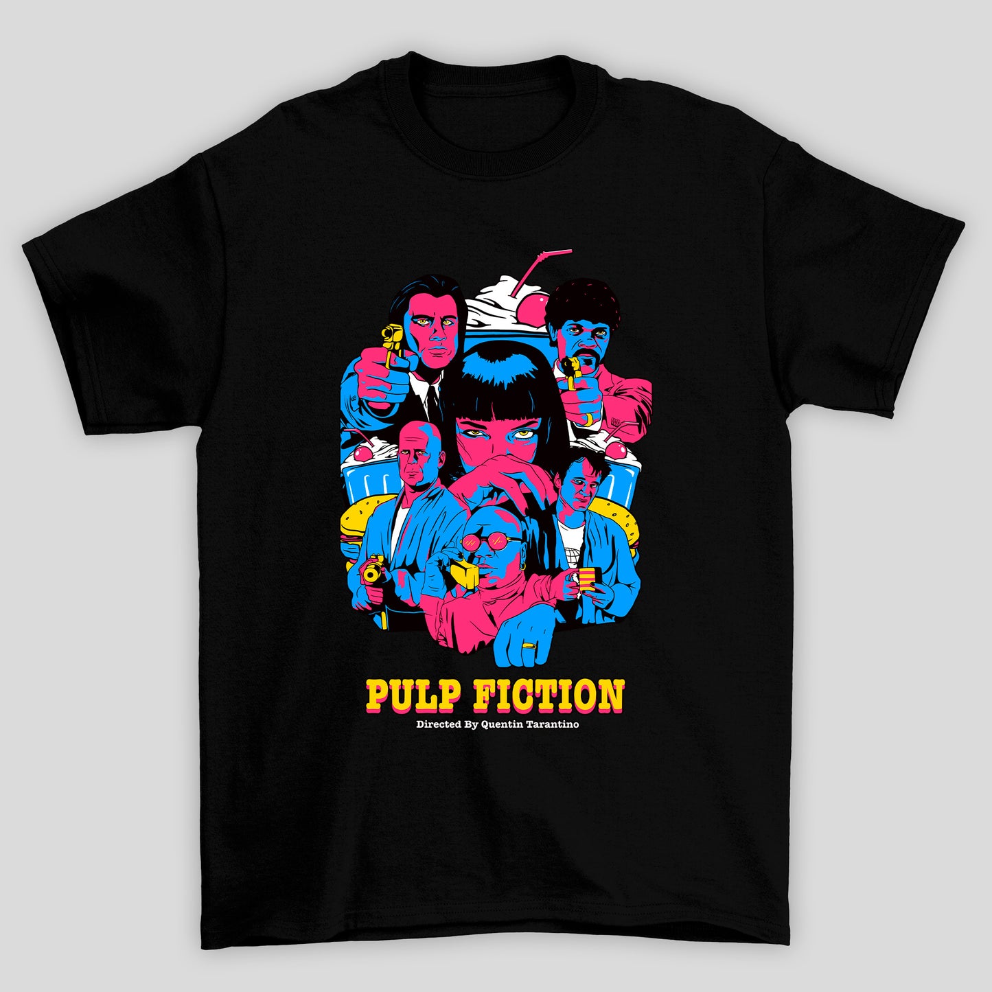 Camiseta Básica Unissex Arte Pop Azul Magenta Pulp Fiction