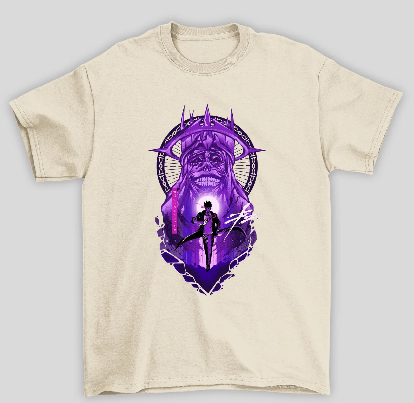 Camiseta Básica Unissex Solo Leveling Sung e Monstro Roxo Kanji