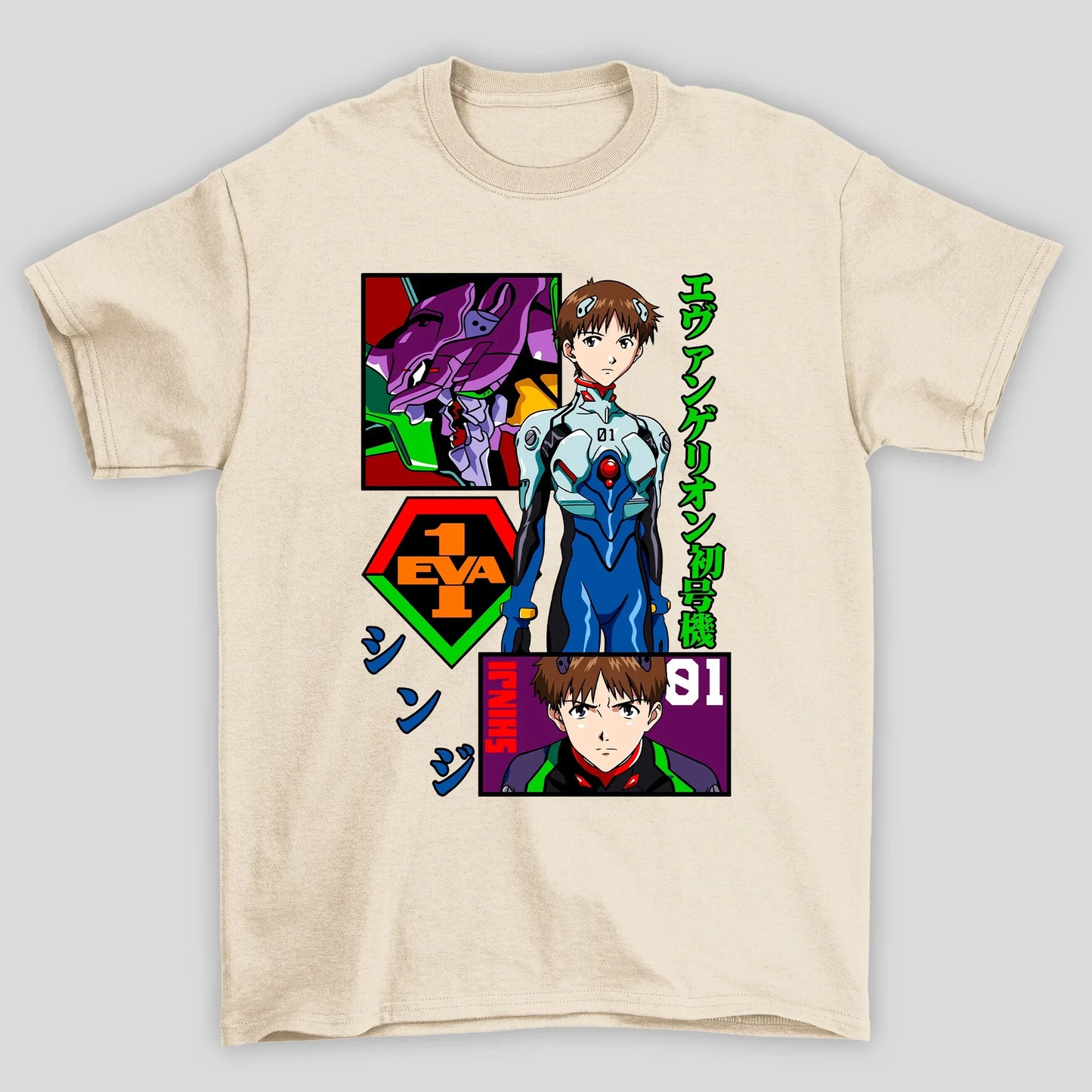 Camiseta Básica Unissex Shinji EVA01 Kanji Evangelion