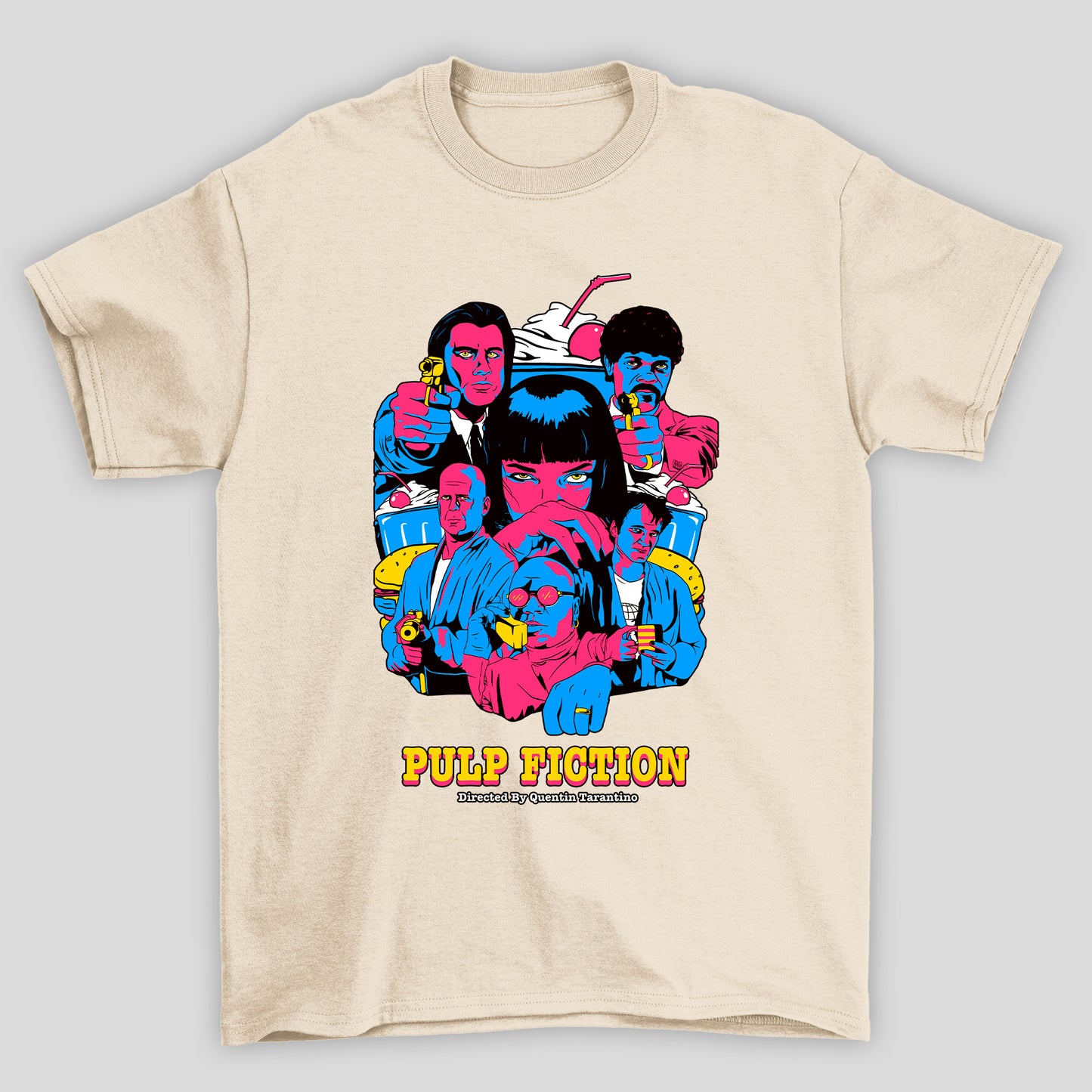 Camiseta Básica Unissex Arte Pop Azul Magenta Pulp Fiction