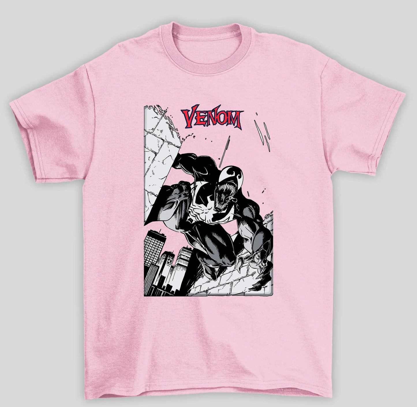 Camiseta Básica Unissex Venom HQ Cidade- rosa bebe