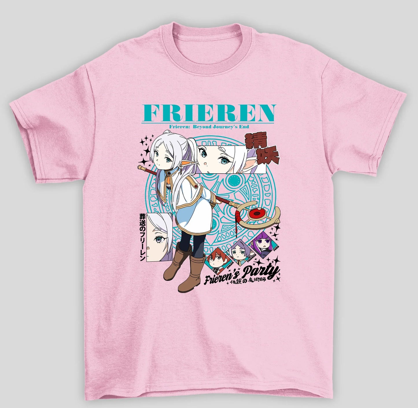Camiseta Básica Unissex Frieren Party Frieren's- rosa bebe