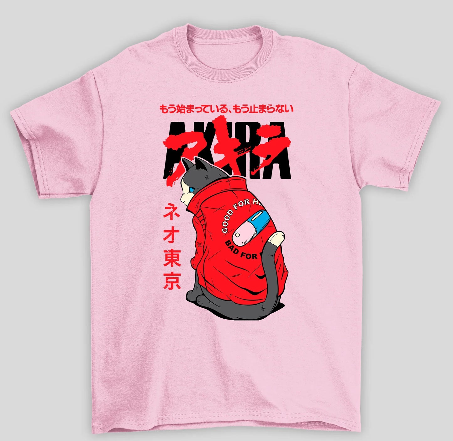 Camiseta Básica Unissex Akira Gato Kaneda Shotaro- rosa bebe