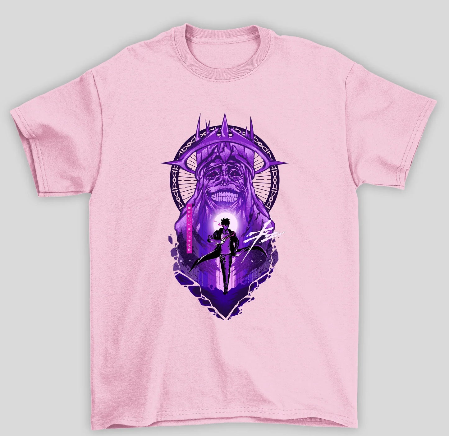 Camiseta Básica Unissex Solo Leveling Sung e Monstro Roxo Kanji