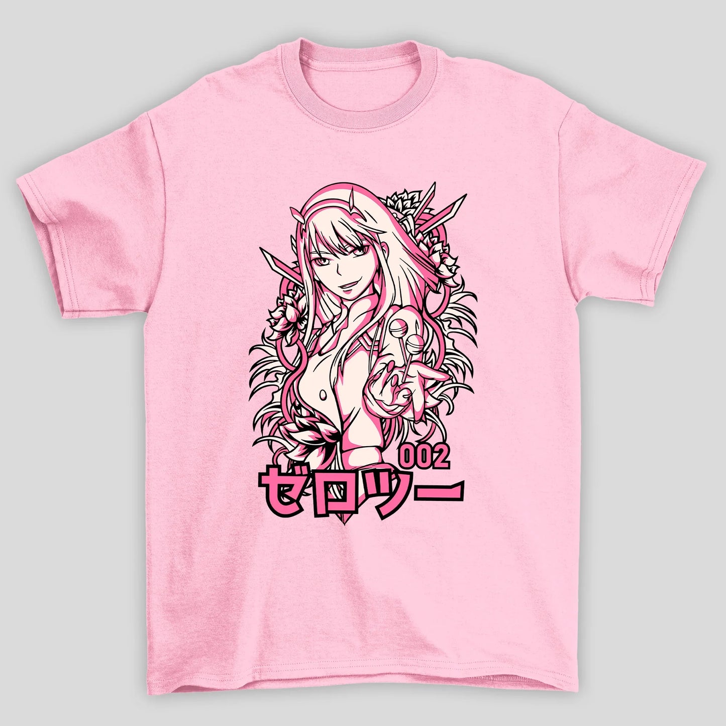 Camiseta Básica Unissex Zero Two Kanji Flores Darling In The Franxx