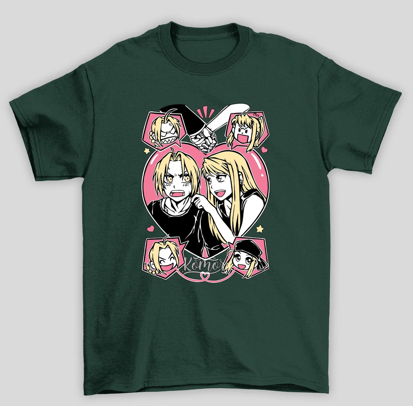 Camiseta Básica Unissex Fullmetal Alchemist Edward e Winry- VERDE