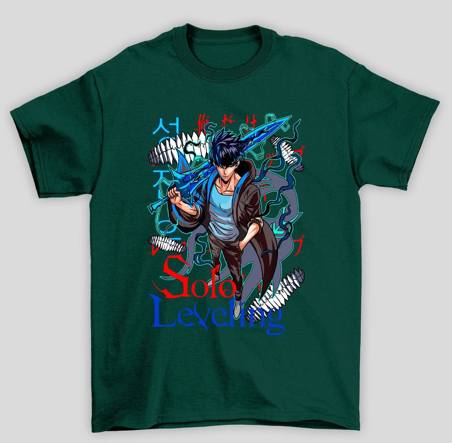 Camiseta Básica Unissex Solo Leveling Sung Espada Azul