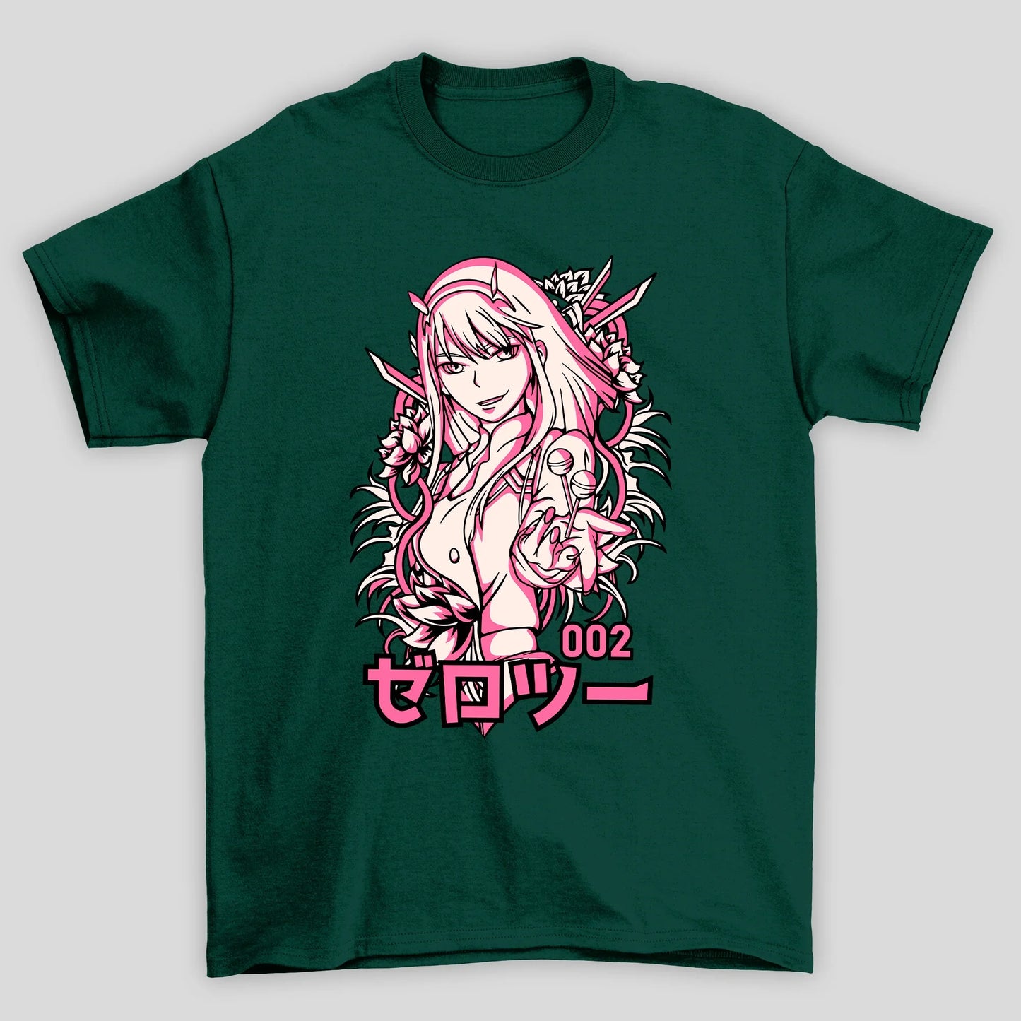 Camiseta Básica Unissex Zero Two Kanji Flores Darling In The Franxx