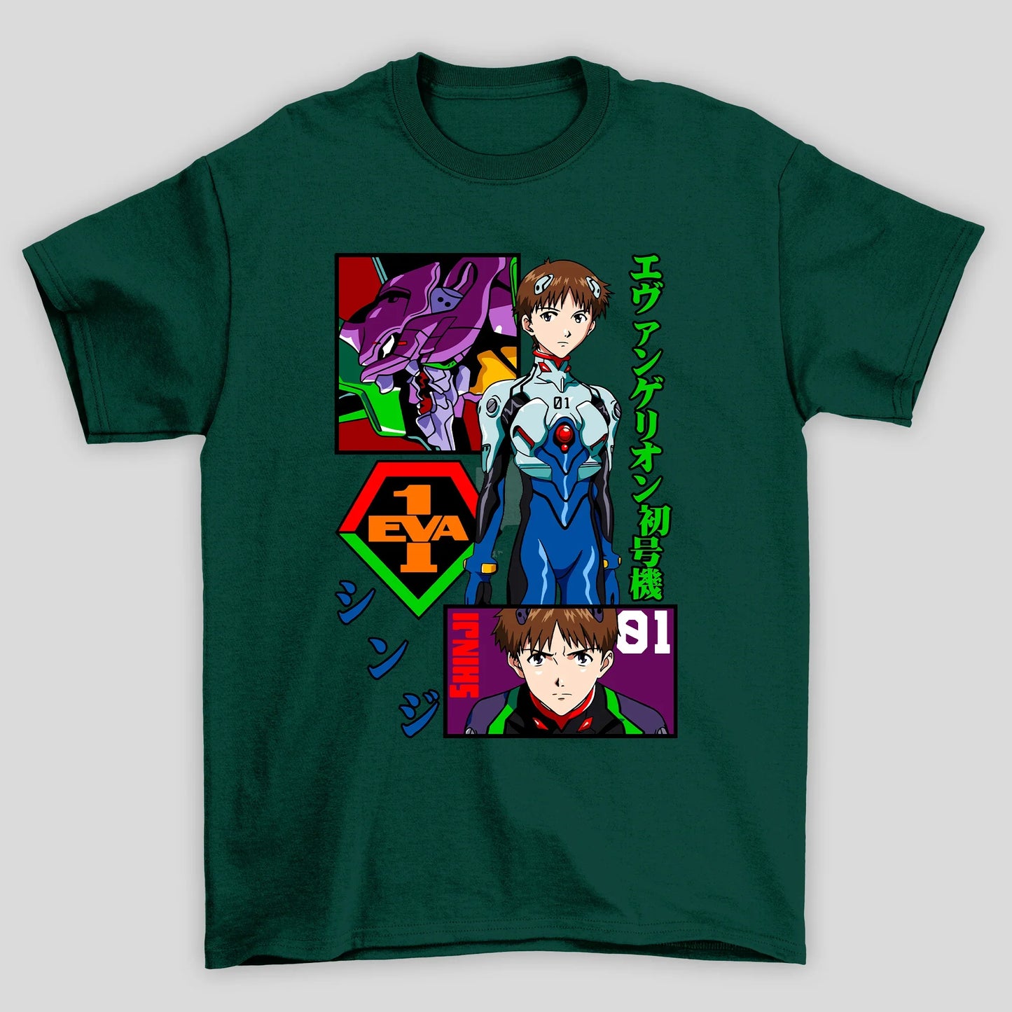 Camiseta Básica Unissex Shinji EVA01 Kanji Evangelion