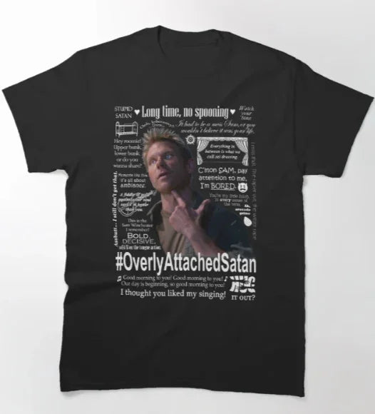 Camiseta Básica Unissex Lúcifer Overly Attached Satan Supernatural Preto