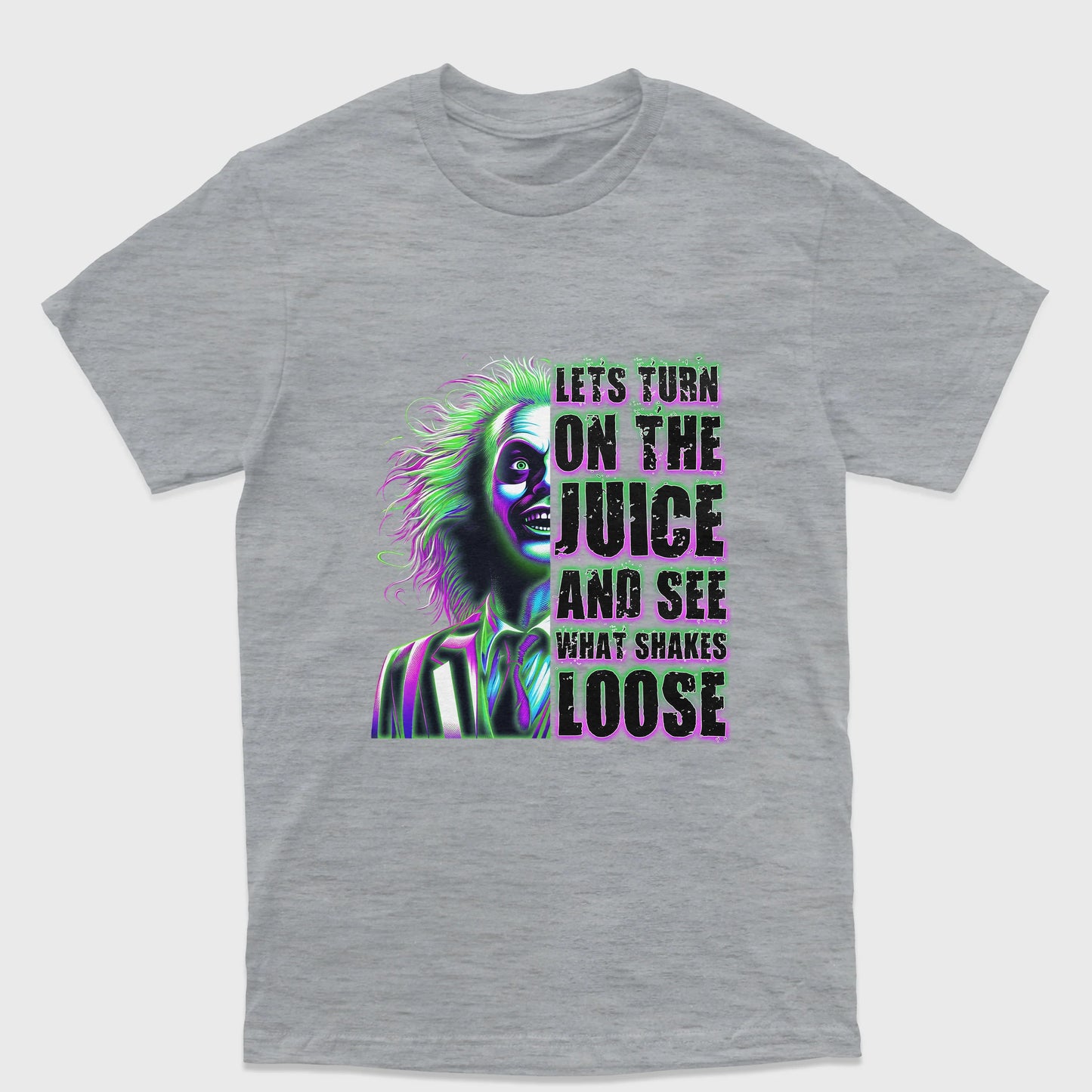 Camiseta Básica Unissex Lets Turn On The Juice Beetlejuice